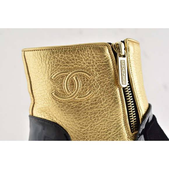 Chanel 18B Gold Black Patent Suede CC Logo Zipper Zip Short Ankle Bootie Boot 35 - Picture 3 of 10